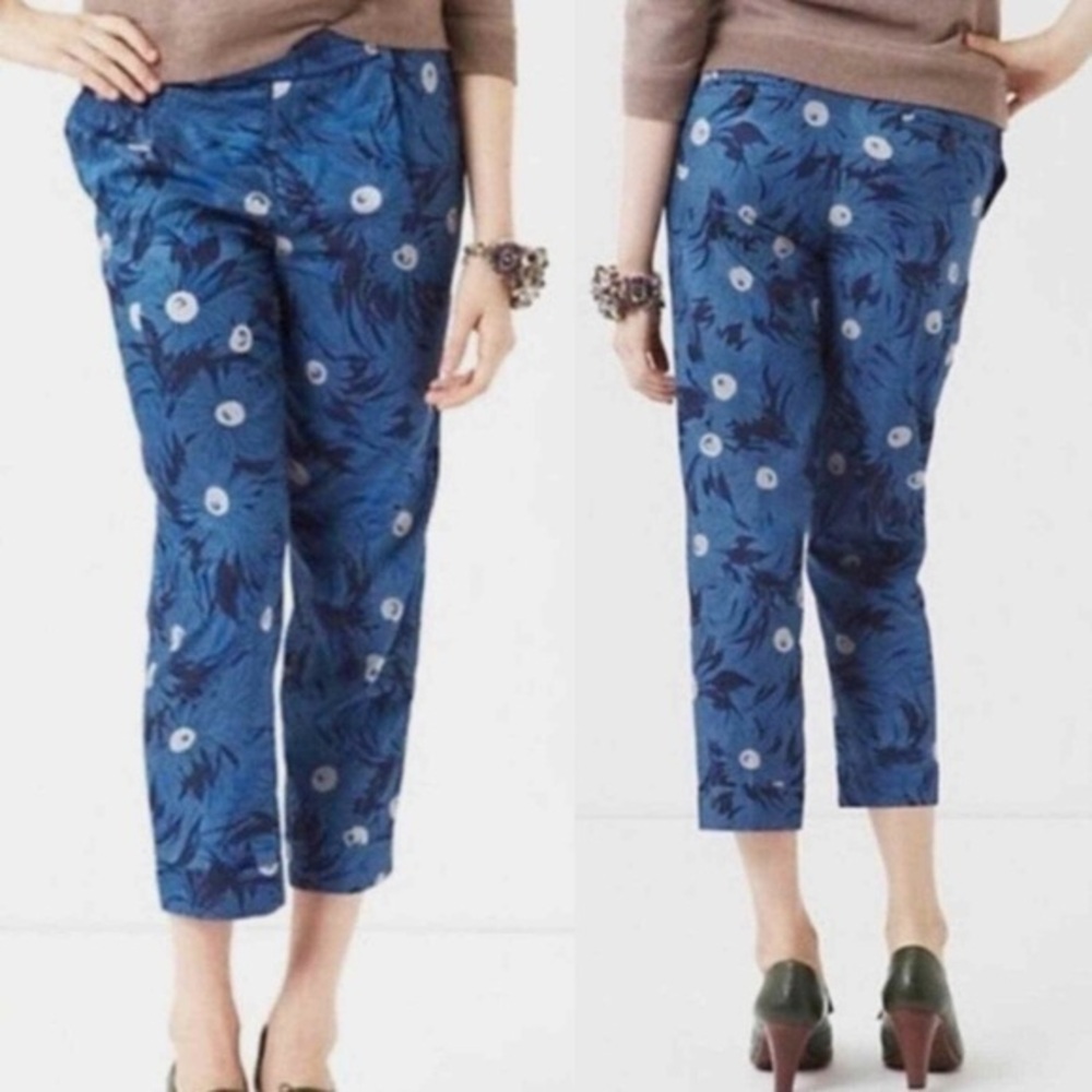 Anthropologie Elevenses Blue Floral Crops Size 10